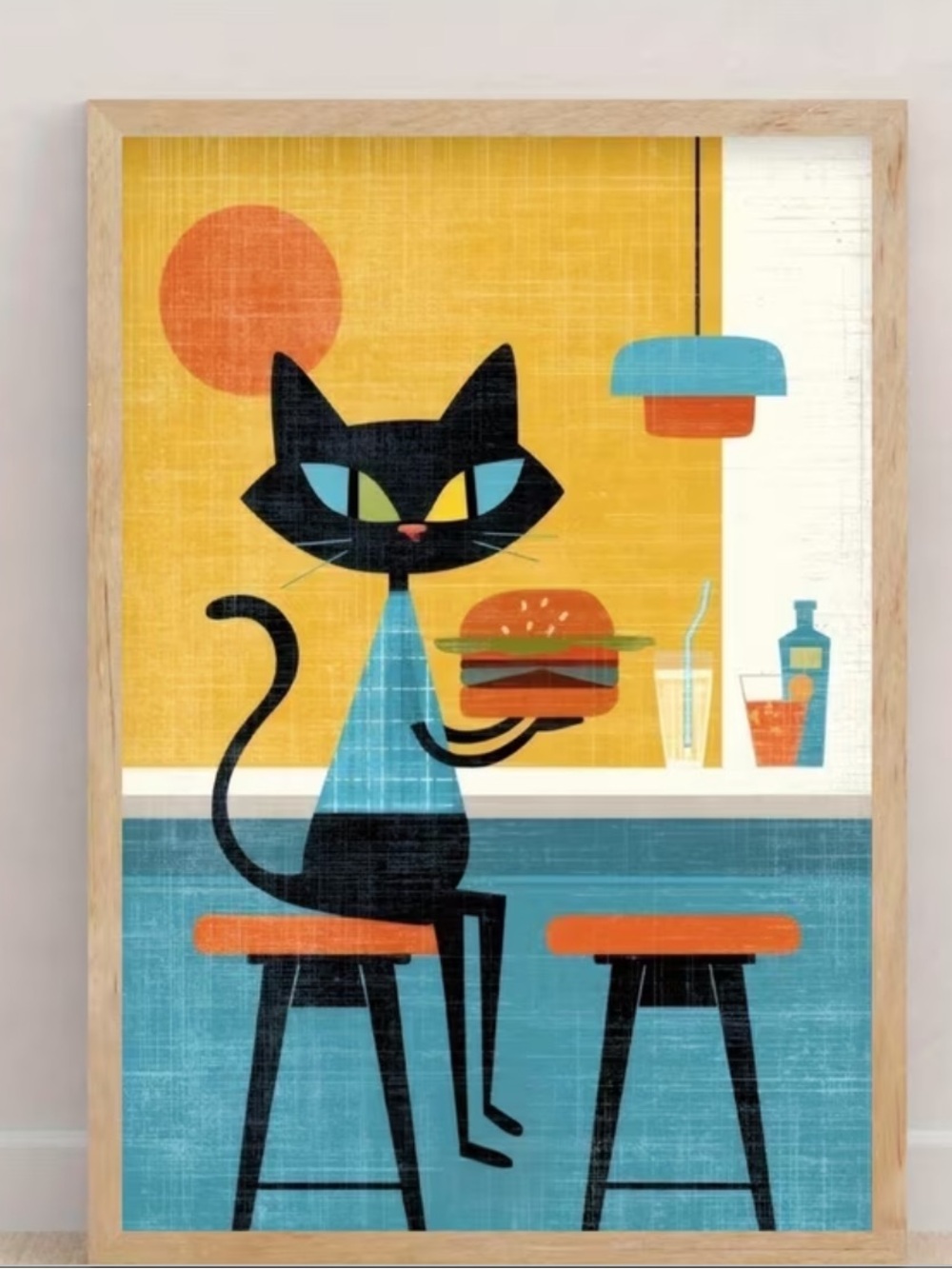 Retro Black Cat w/Burger Wall Art Print - Yellow & Blue
